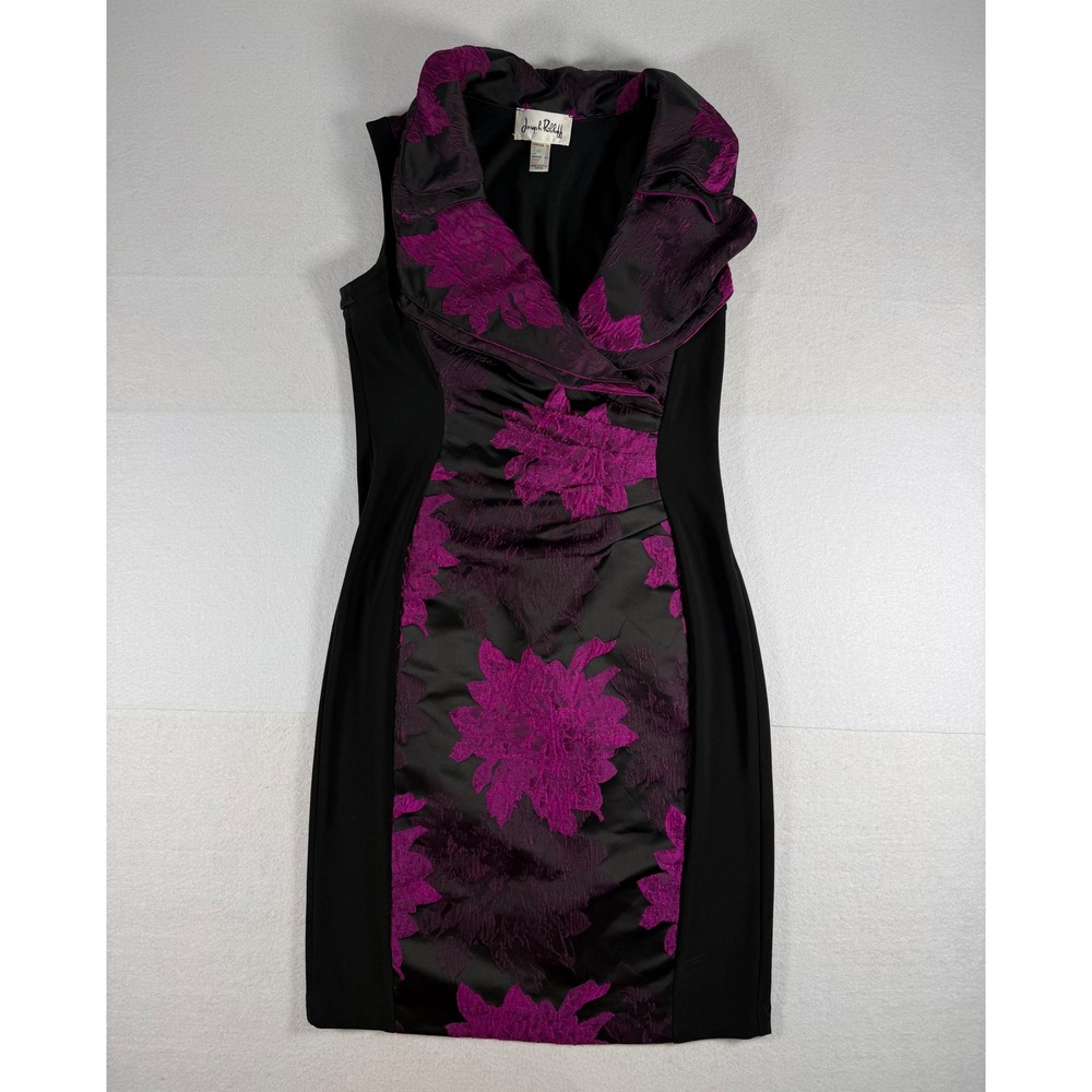Joseph Ribkoff Floral Jacquard Portrait Collar Sheath Dress Black Magenta Sz 10